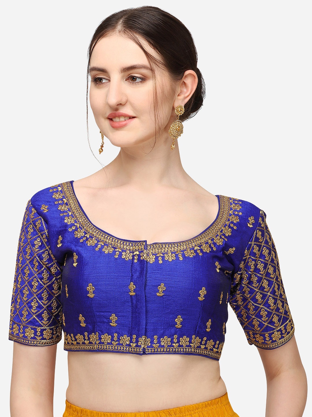 

Mesmore Women Blue & Gold-Colored Embroidered Silk Saree Blouse