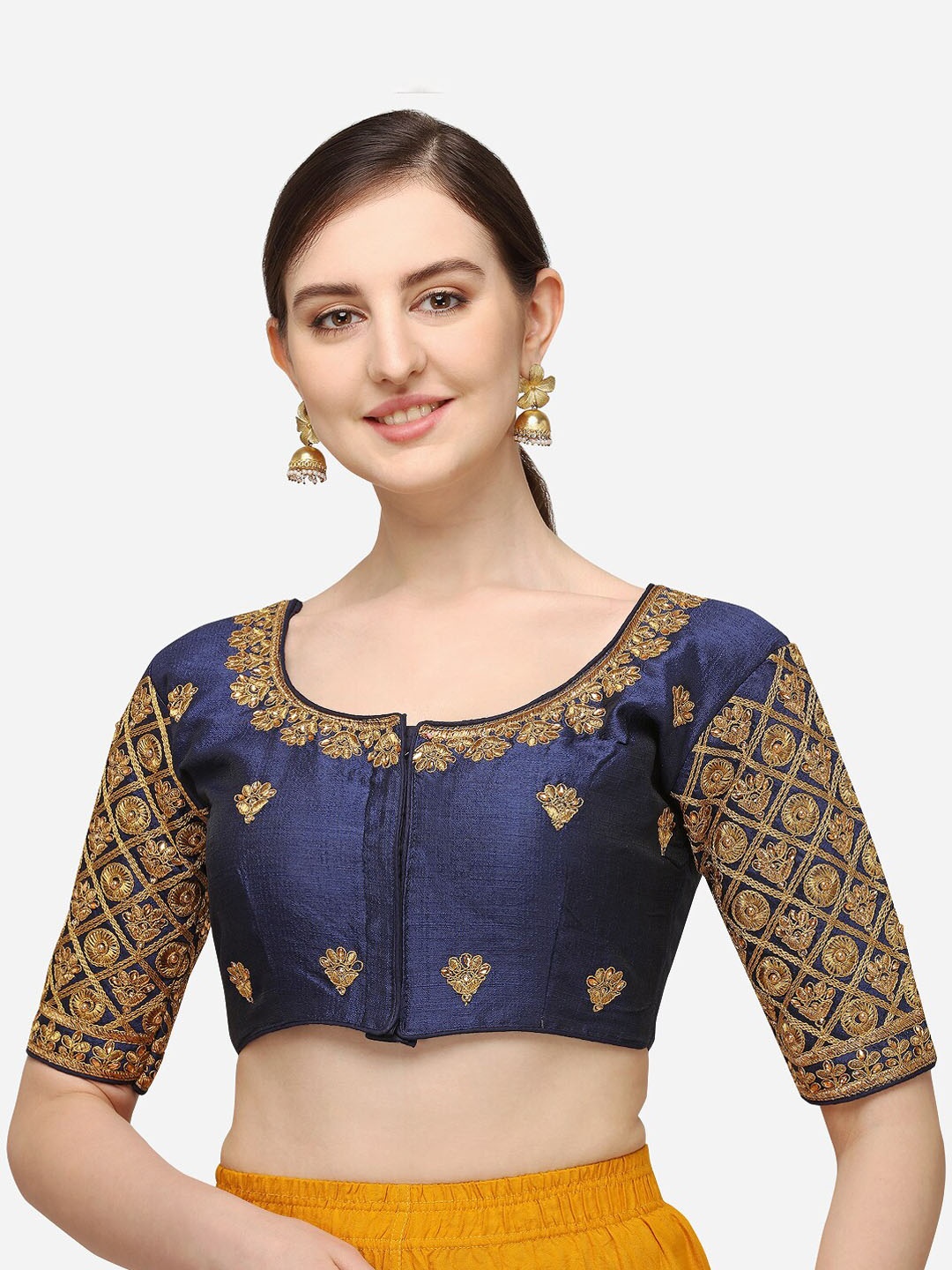

Mesmore Women Navy Blue & Gold-Colored Embroidered Silk Saree Blouse