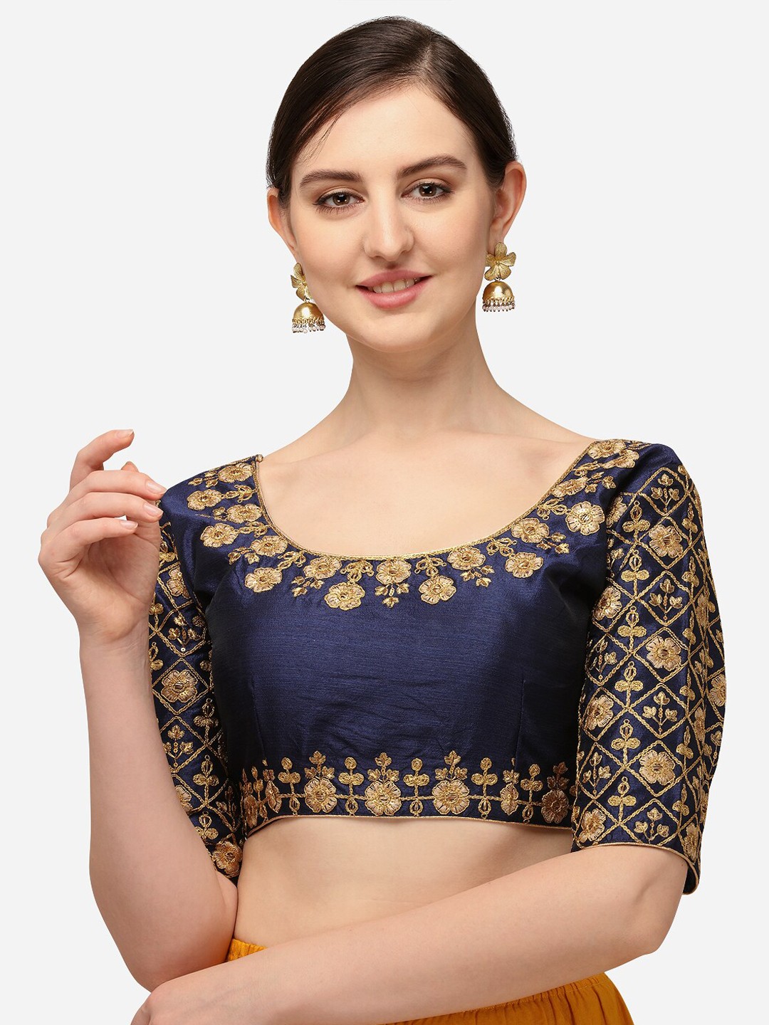 

Mesmore Women Navy Blue & Gold-Coloured Embroidered Silk Saree Blouse