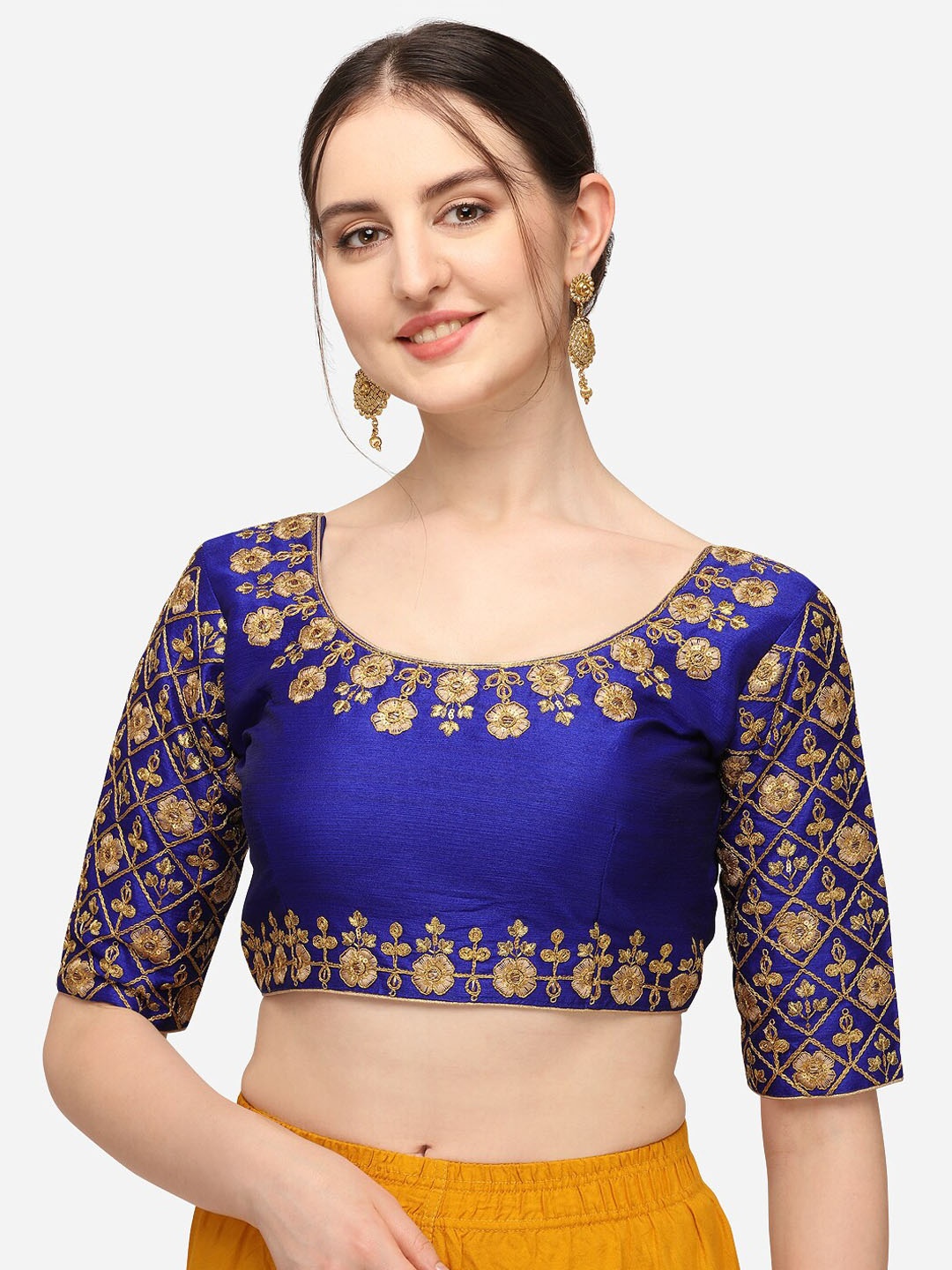 

Mesmore Blue & Gold-Coloured Embroidered Silk Saree Blouse