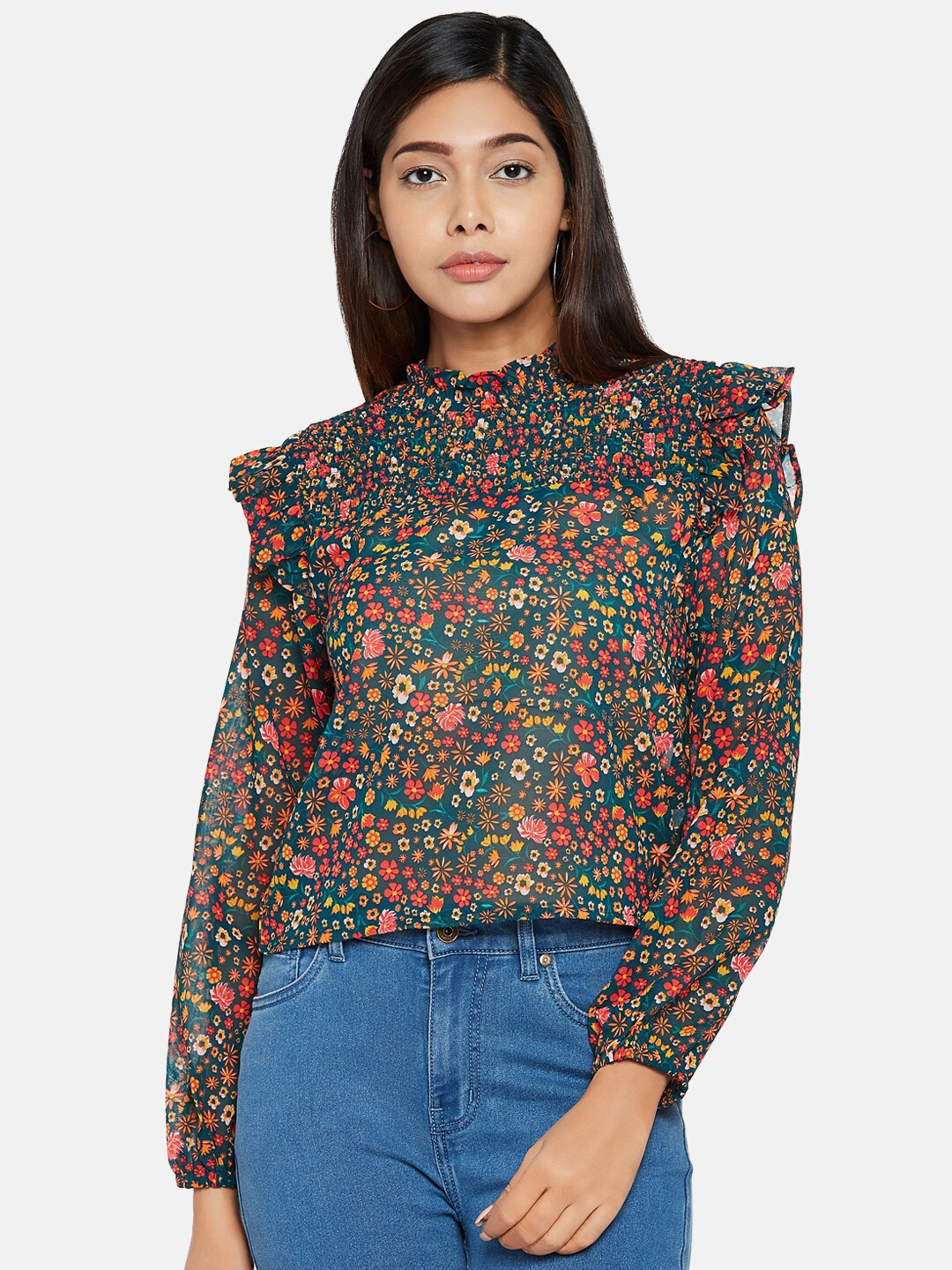 

People Women Green & Red Floral Printed Regular Top