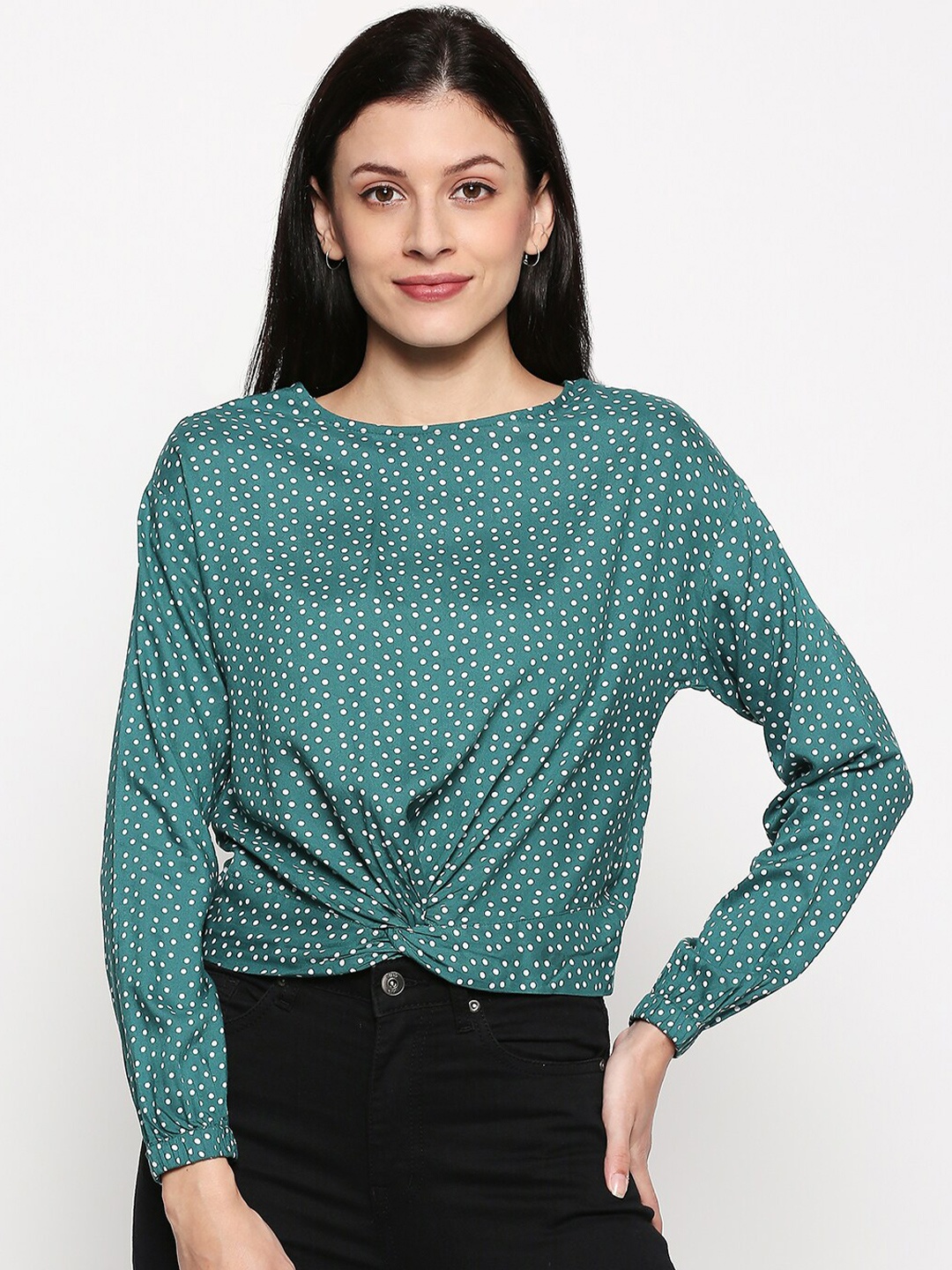 

People Women Green & White Polka Dot Printed Twisted Cotton Top