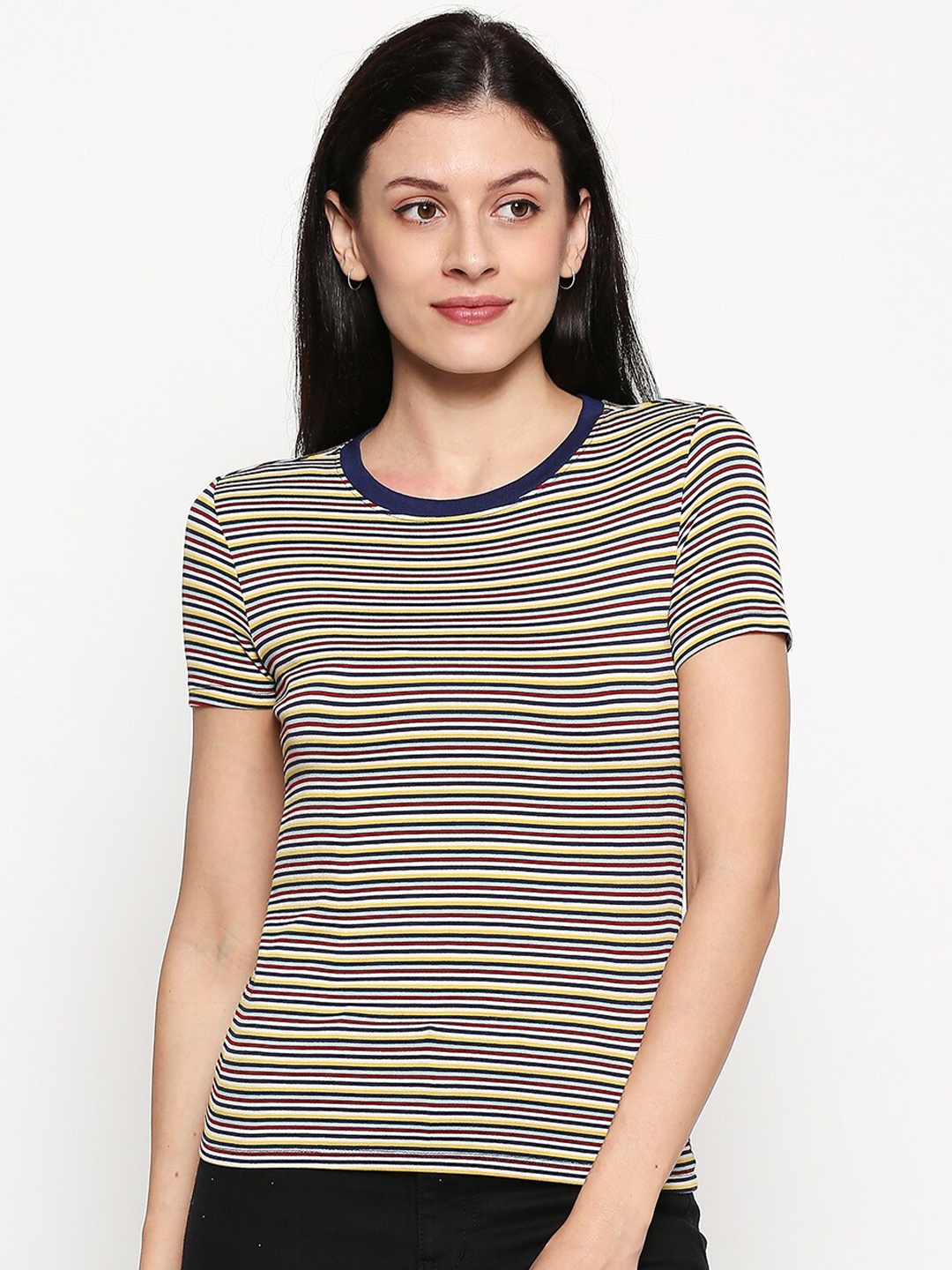 

People Women Navy Blue & Yellow Striped Pure Cotton Top