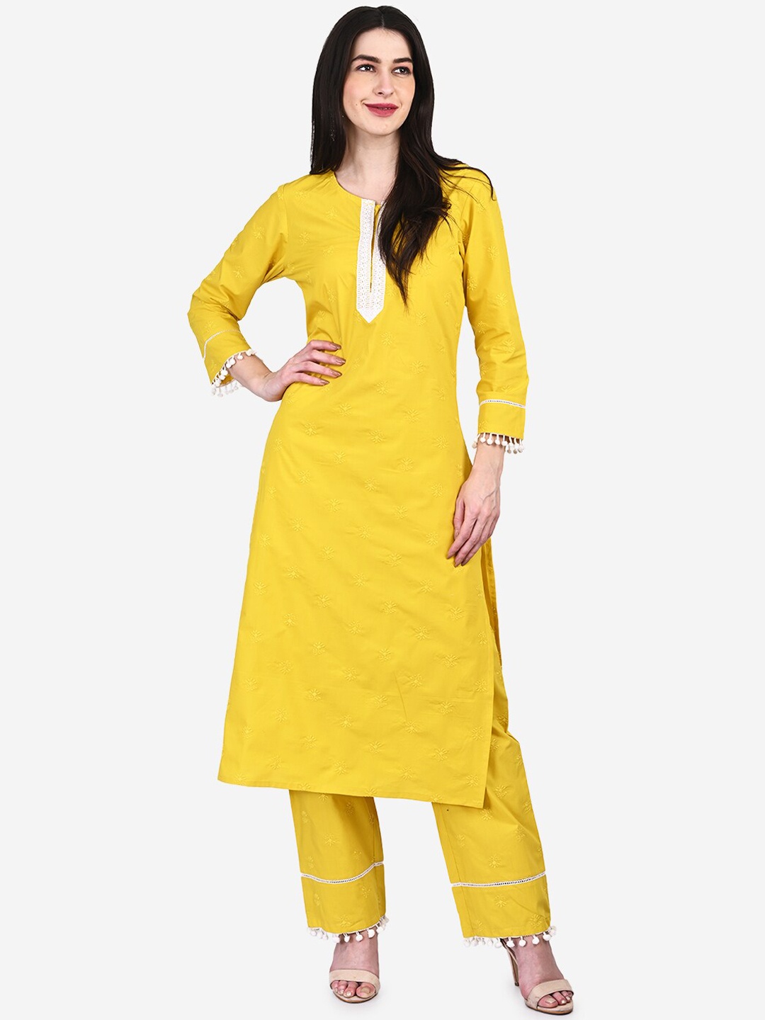 

Be Indi Women Solid Straight Pure Cotton Kurta with Trousers, Yellow