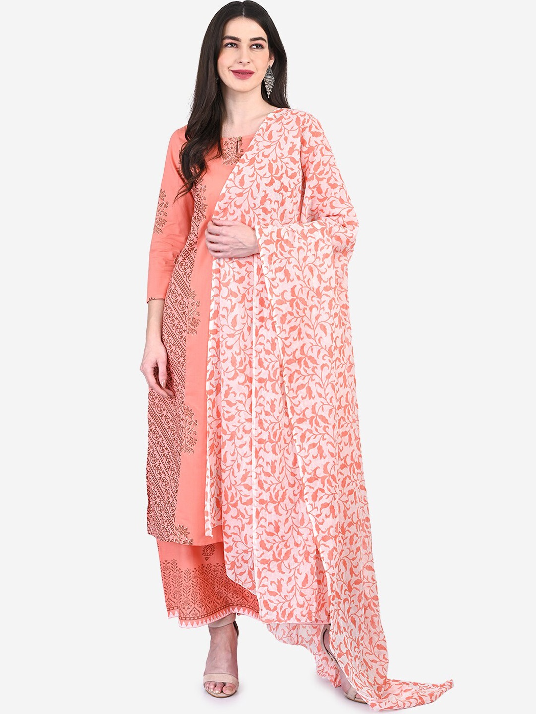 

Be Indi Women Peach Floral Printed Regular Pure Cotton Kurta with Palazzos & With Dupatta, Beige