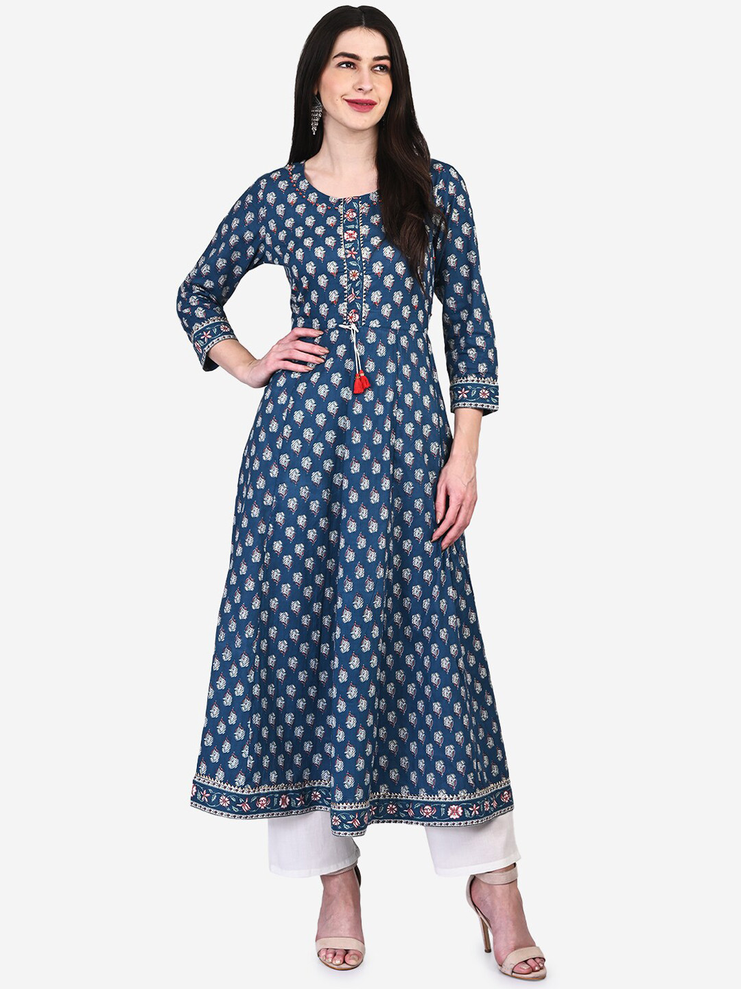 

Be Indi Women Navy Blue Floral Regular Pure Cotton Kurta with Trousers & With Dupatta