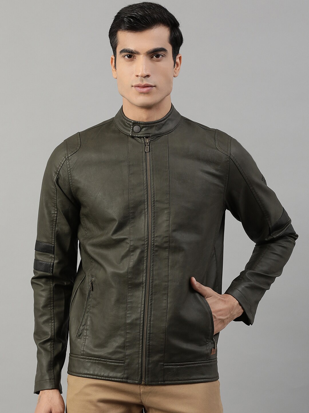 

HARSAM Men Olive Green Lightweight Biker Jacket