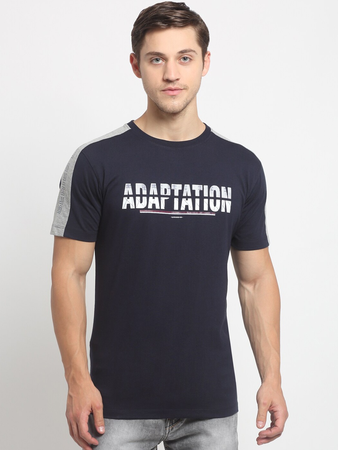 

Cantabil Men Navy Blue & White Typography Printed Slim Fit T-shirt