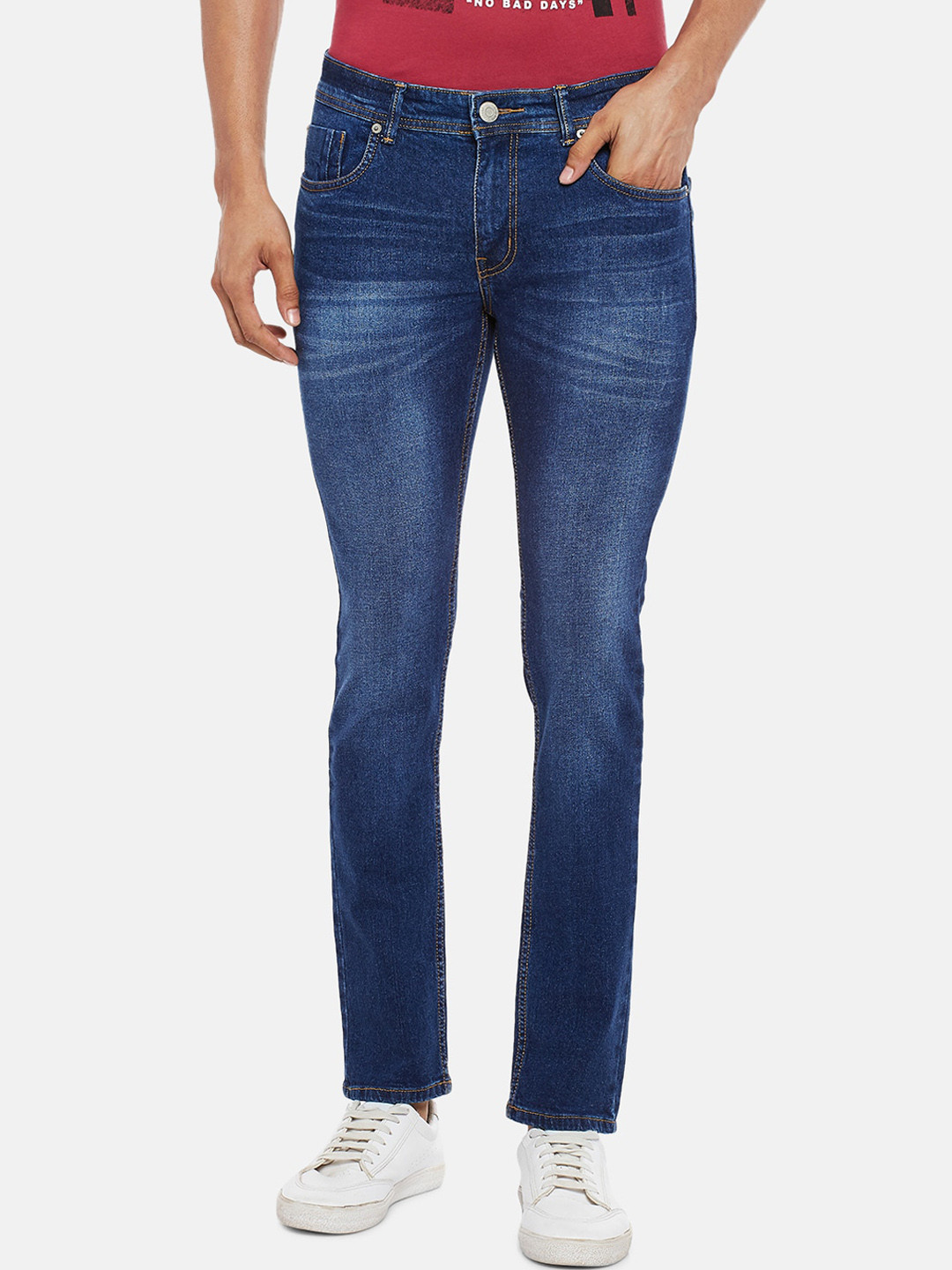 

People Men Navy Blue Slim Fit Light Fade Jeans