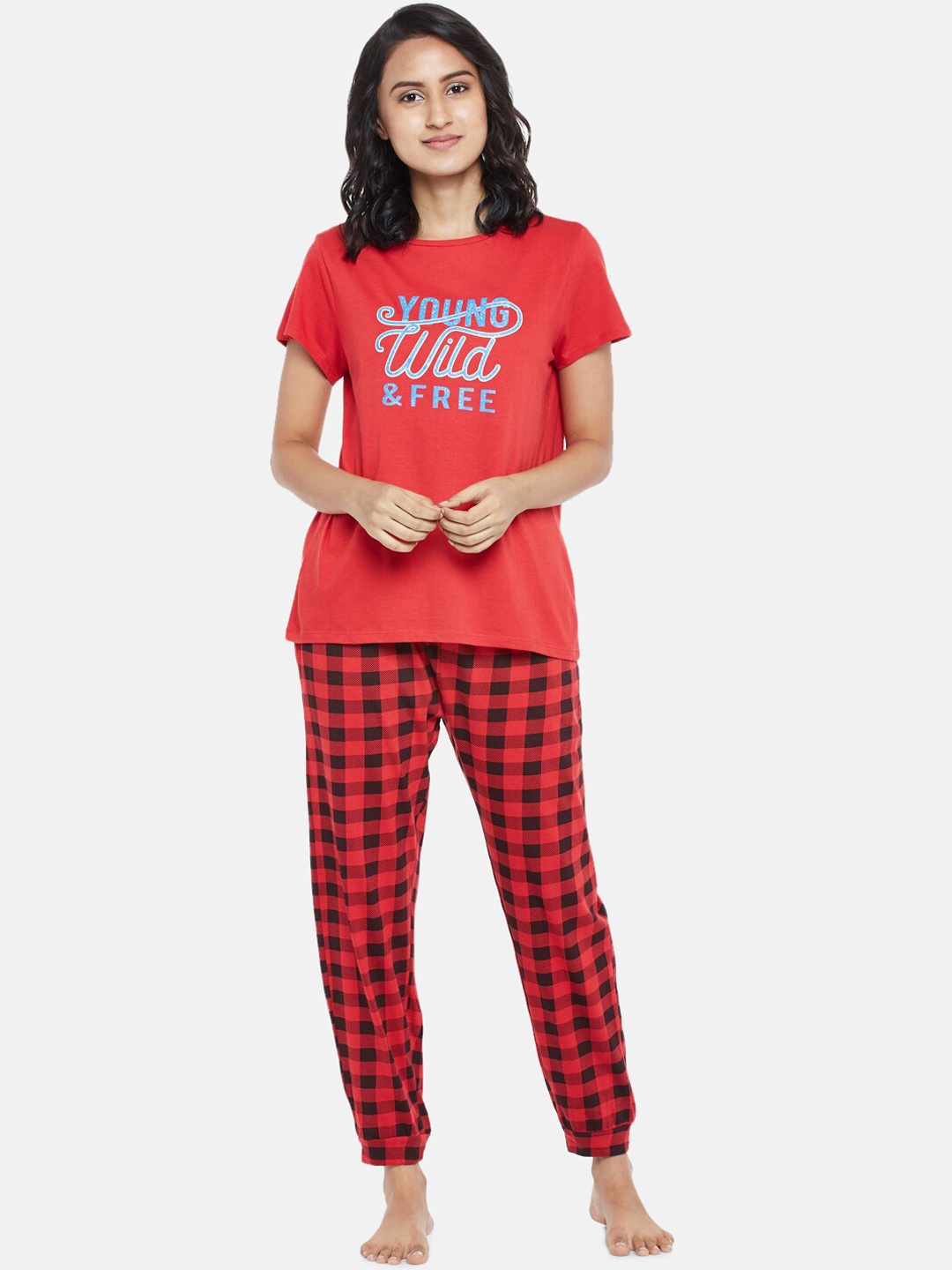 

People Women Pure Cotton Red Printed Night Suit