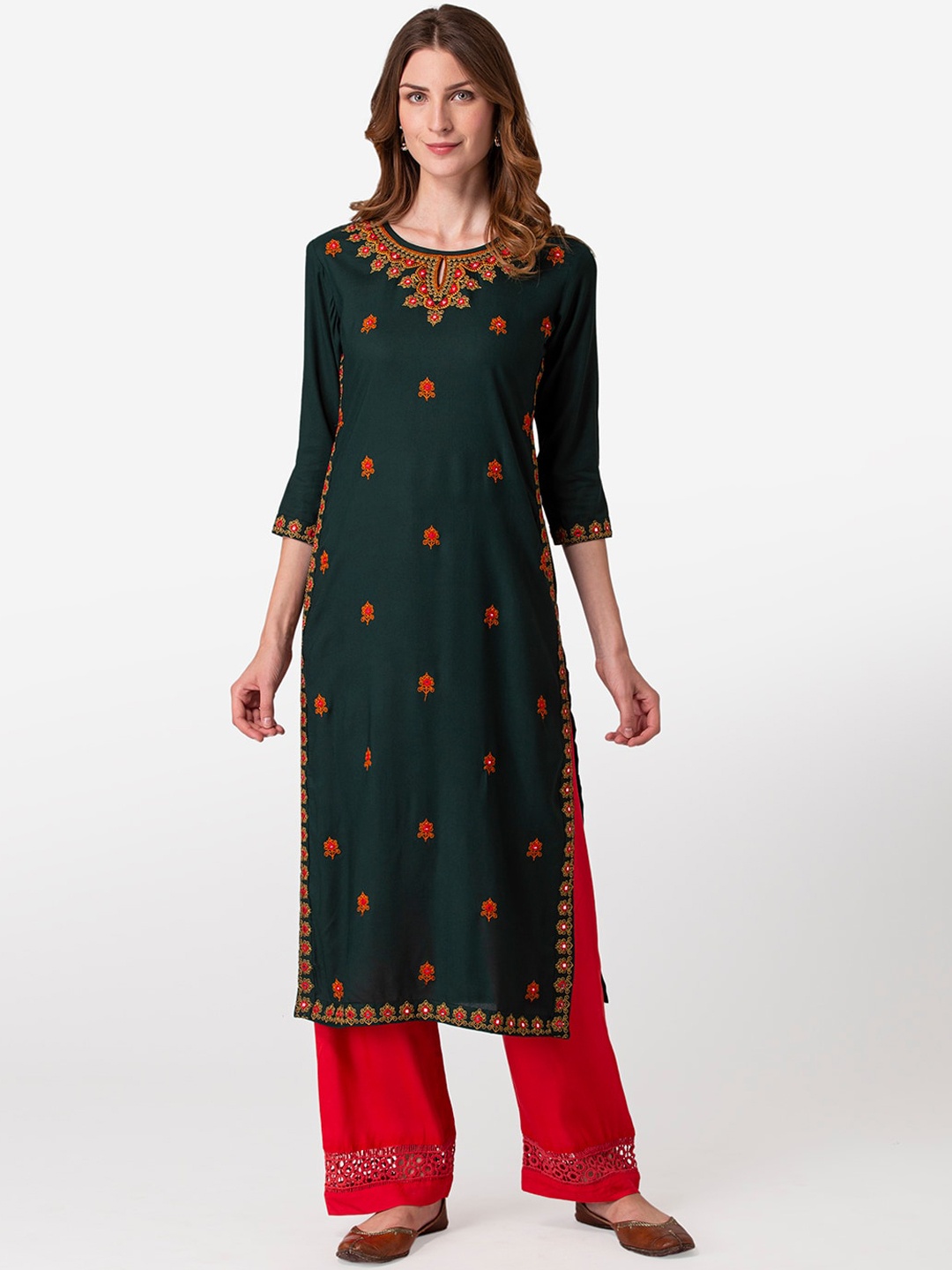 

FASHION DEPTH Women Green & Yellow Floral Embroidered Keyhole Neck Mirror Work Floral Kurta