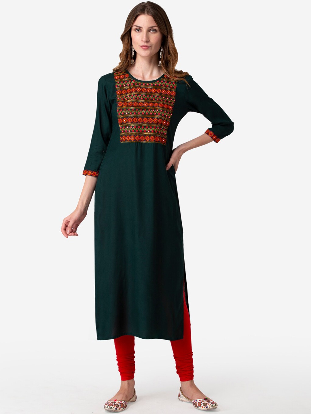 

FASHION DEPTH Women Green & Yellow Geometric Yoke Design Mirror Work Kurta