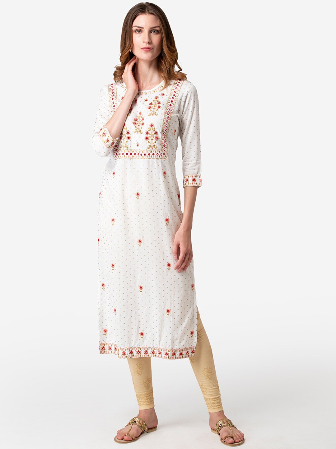 

FASHION DEPTH Women White & Red Floral Embroidered Thread Work Floral Kurta