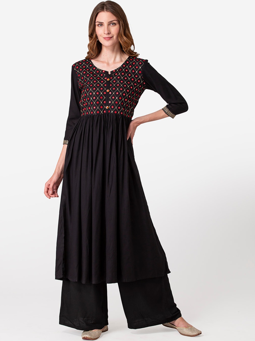 

FASHION DEPTH Women Black & Red Geometric Yoke Design Mirror Work Frills Anarkali Kurta