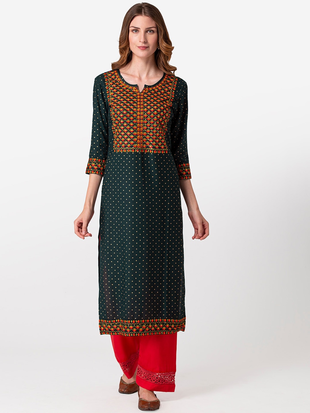 

FASHION DEPTH Women Green & Yellow Floral Embroidered Straight Kurta