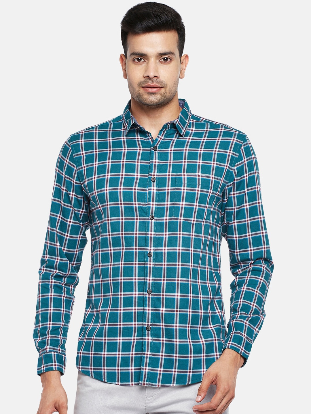 

People Men Green Slim Fit Opaque Checked Casual Shirt