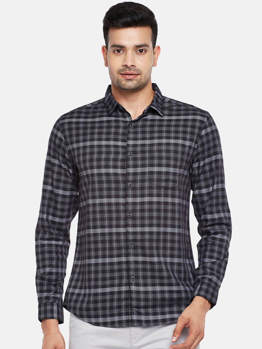 

People Men Black Slim Fit Tartan Checks Opaque Checked Casual Shirt