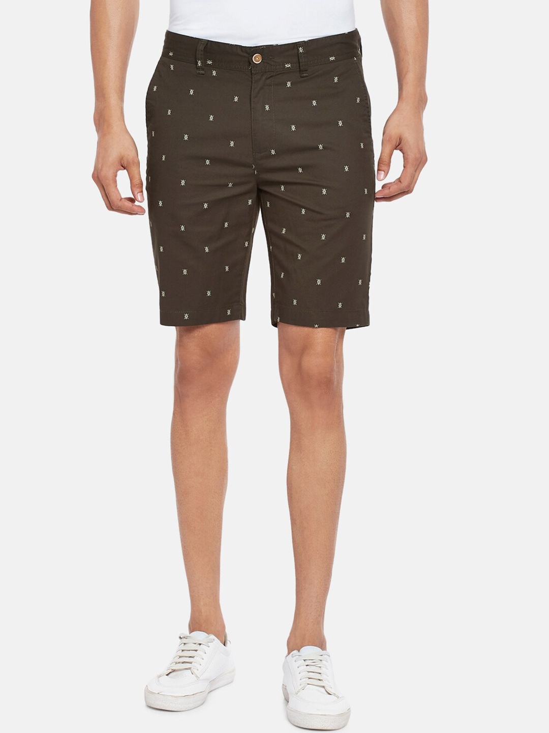 

People Men Olive Brown & White Printed Regular Shorts