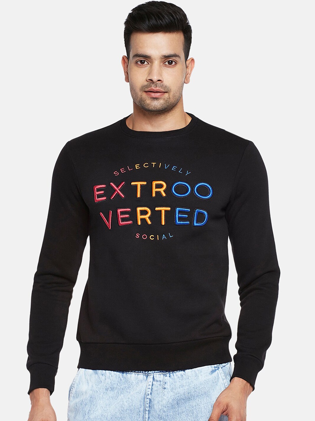 

People Men Black & Pink Embroidered Sweatshirt