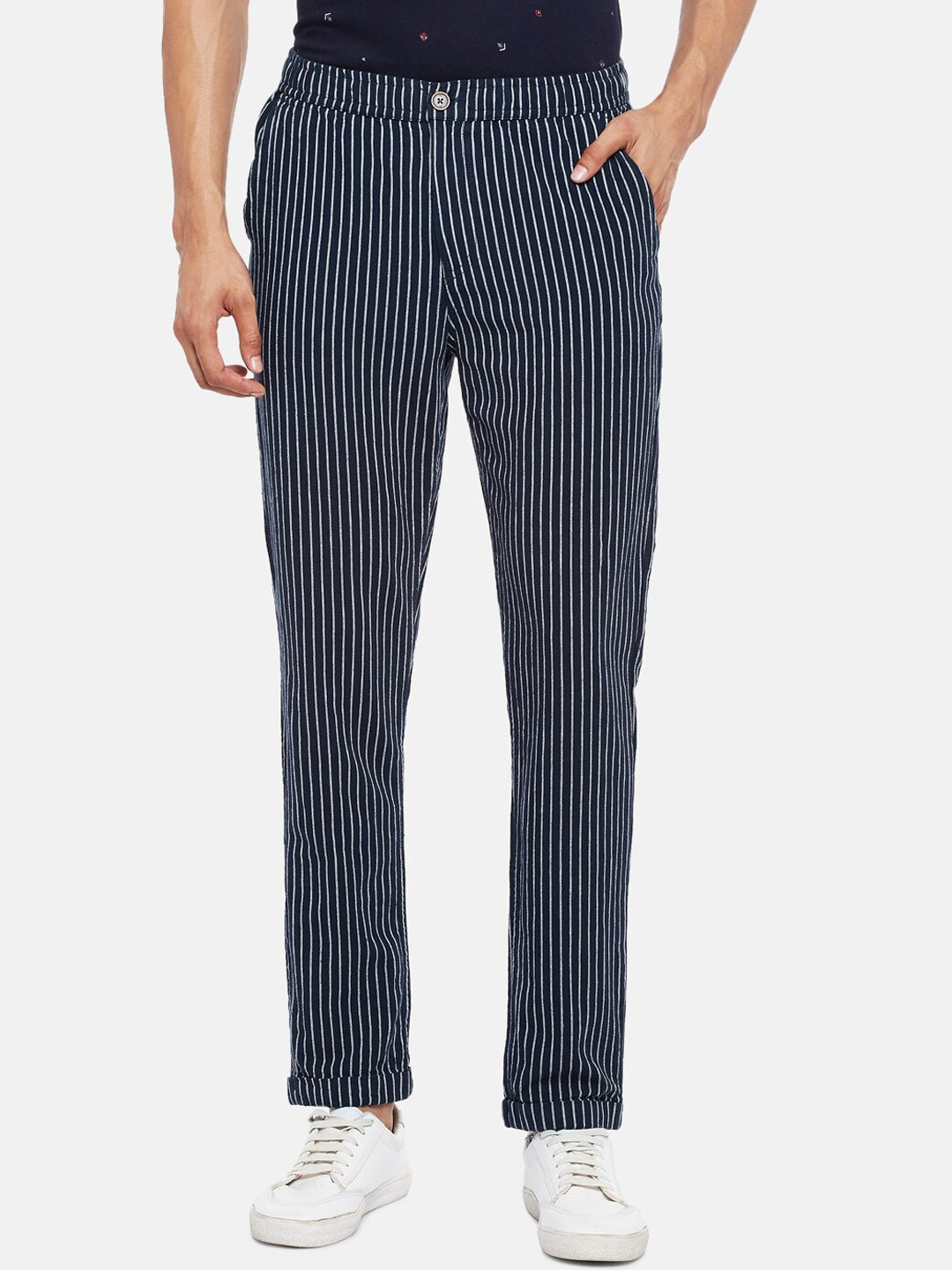 

Urban Ranger by pantaloons Men Navy Blue & White Striped Slim Fit Trousers