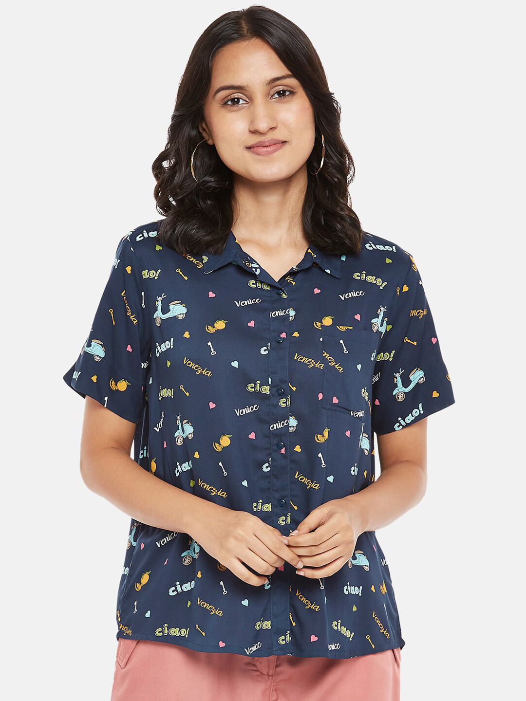 

Honey by Pantaloons Women Navy Blue Typography Printed Casual Shirt