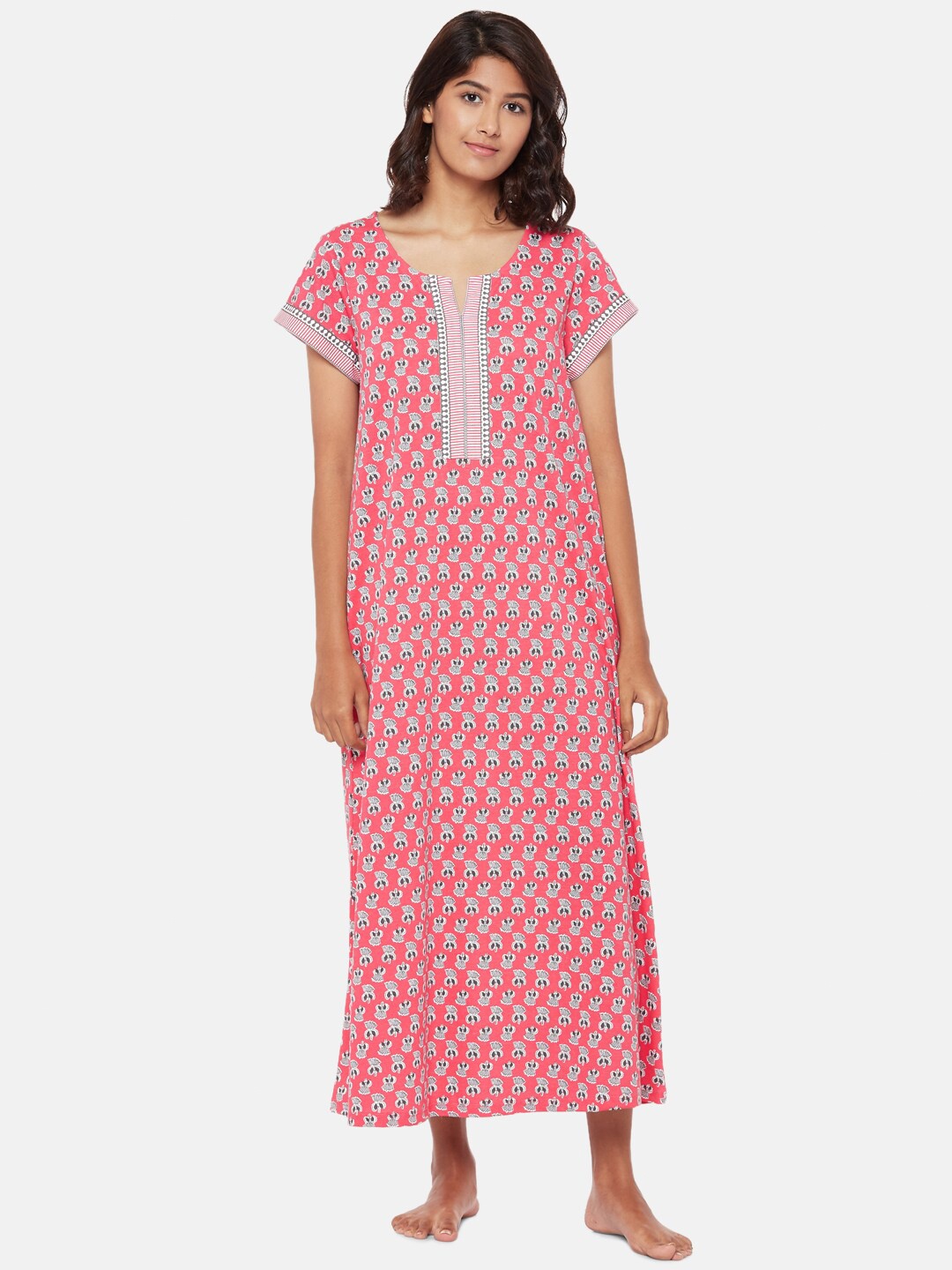 

RANGMANCH BY PANTALOONS Women Coral & White Printed Pure Cotton Nightdress