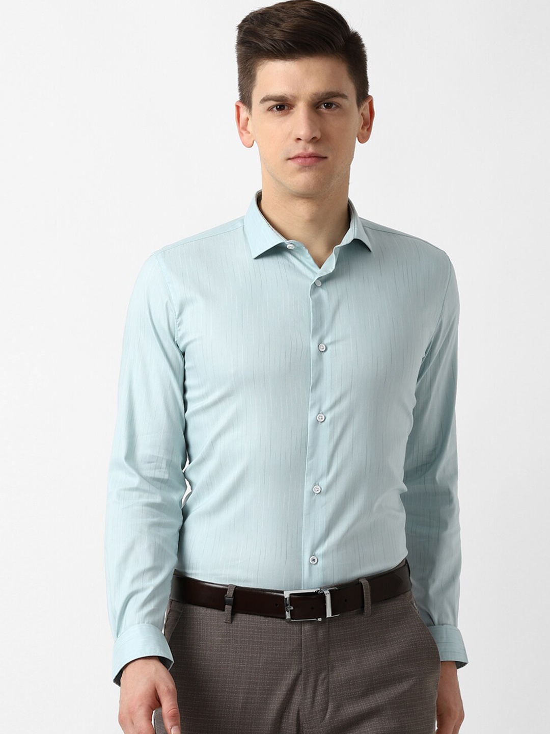 

Louis Philippe Sport Men Sea Green Super Slim Fit Opaque Striped Formal Shirt