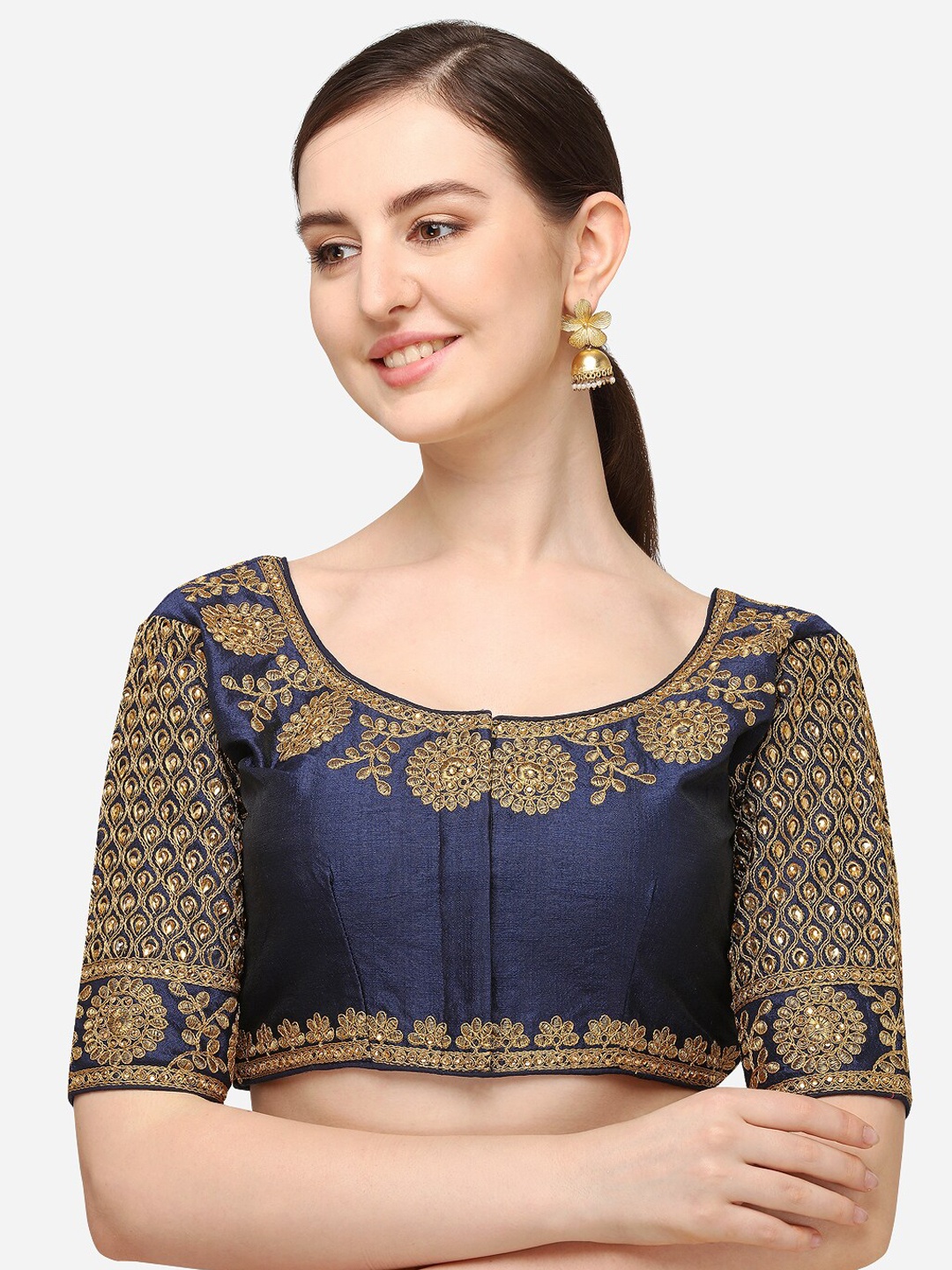 

Mesmore Navy Blue & Gold-Coloured Embroidered Silk Saree Blouse