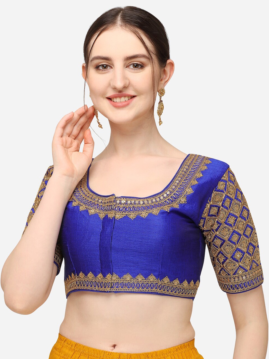 

Mesmore Blue & Gold-Toned Embroidered Silk Saree Blouse