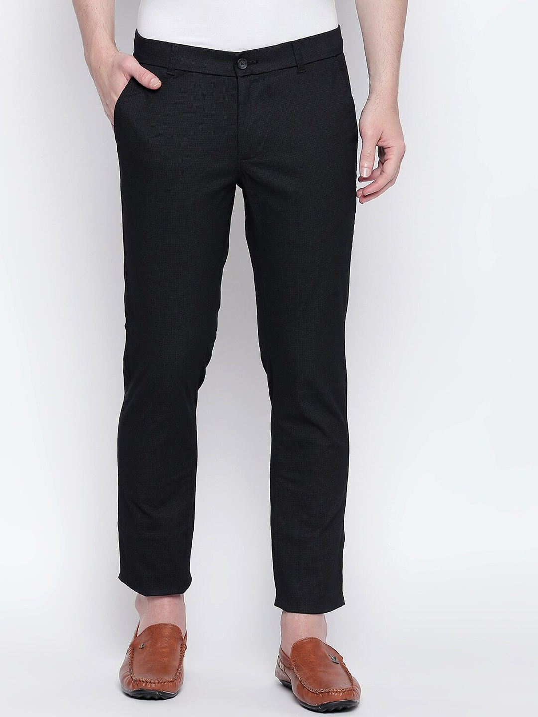 

Basics Men Black Self-Design Tapered Fit Trousers