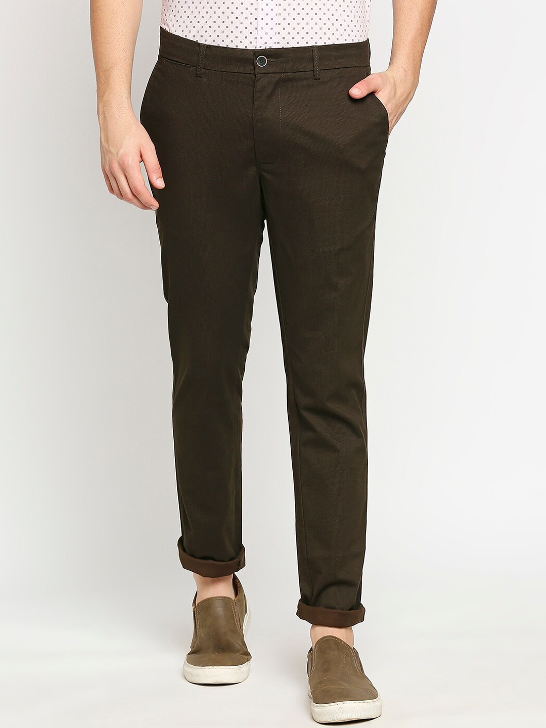 

Basics Men Coffee Brown Printed Tapered Fit Trousers