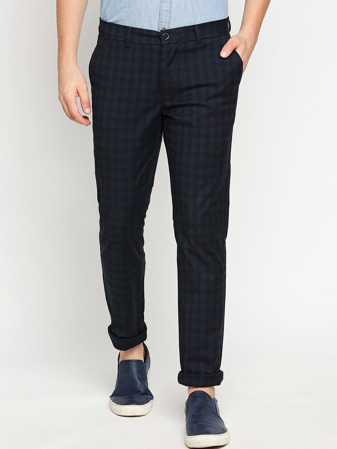 

Basics Men Navy Blue Checked Tapered Fit Trousers