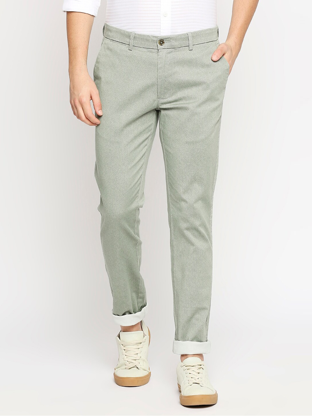 

Basics Men Green Printed Tapered Fit Trousers