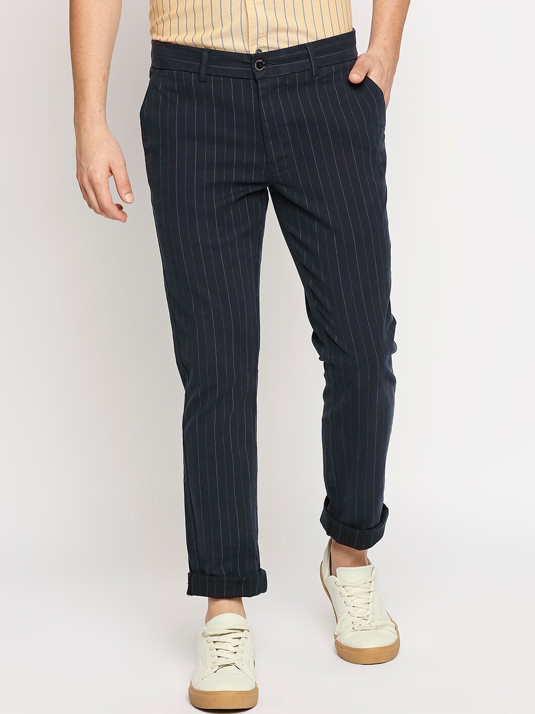 

Basics Men Navy Blue Striped Tapered Fit Trousers