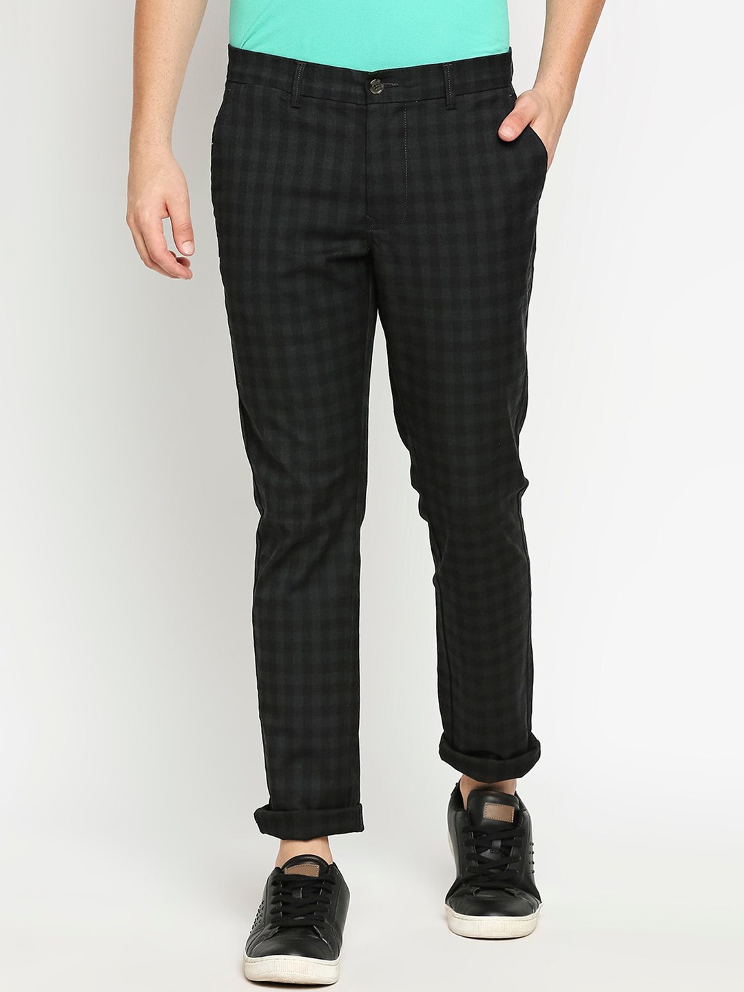 

Basics Men Olive Green Checked Tapered Fit Trousers
