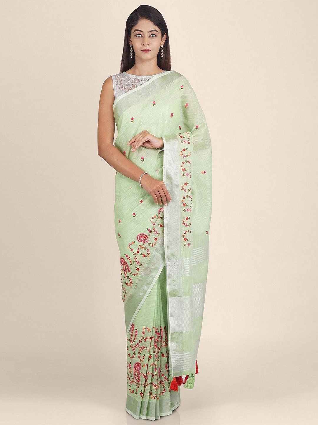 

KAJREE Green & Pink Floral Embroidered Pure Linen Bhagalpuri Saree