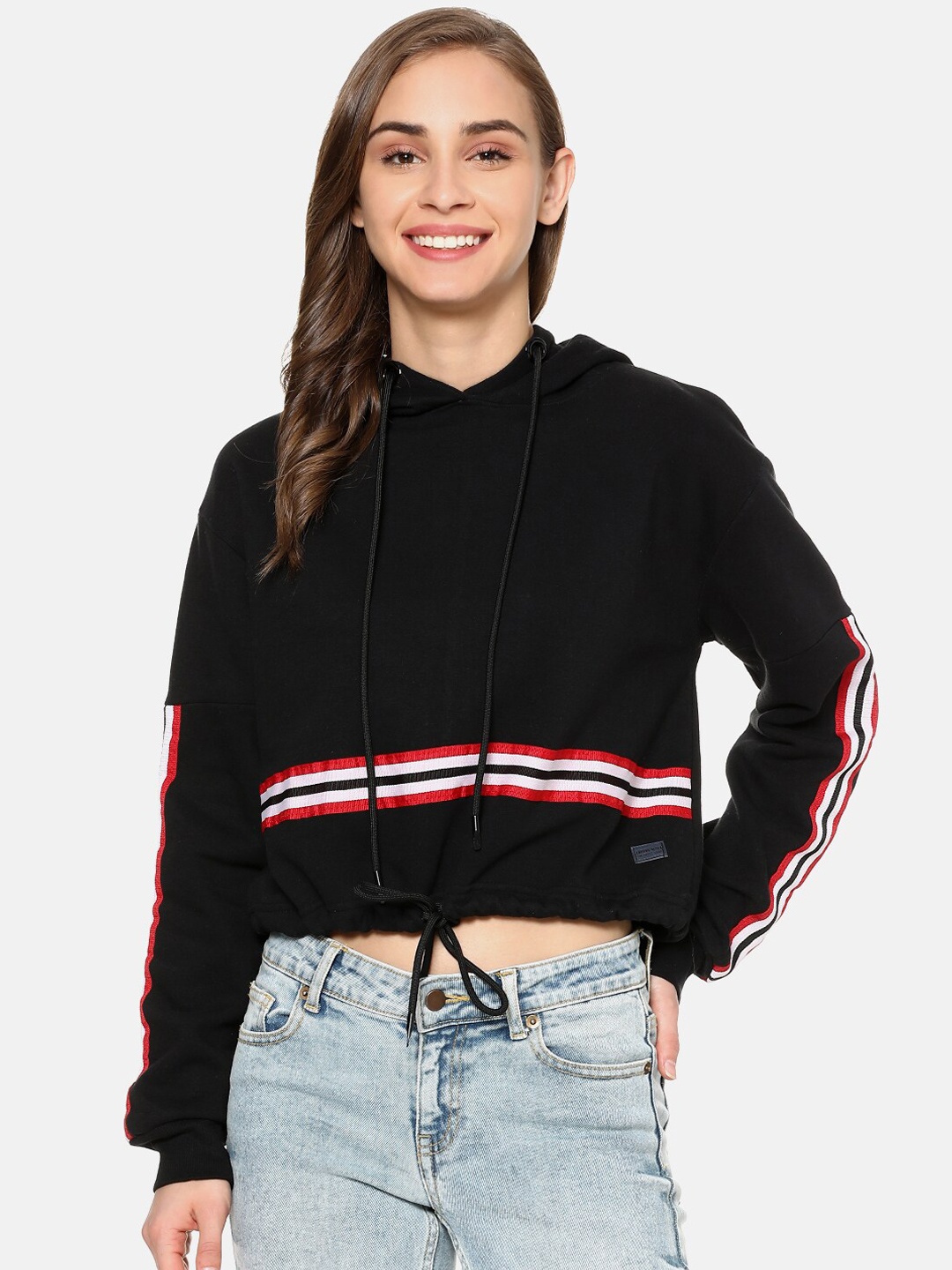 

Campus Sutra Women Black Striped Sweatshirt