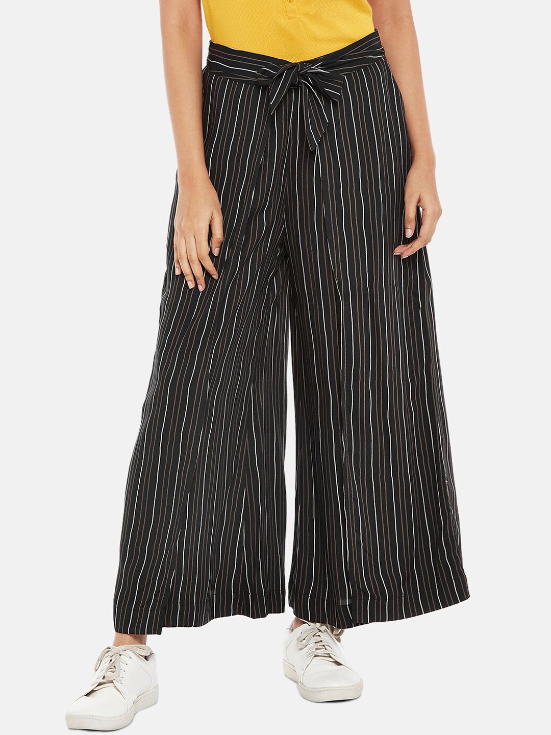 

People Women Black Striped Flared High-Rise Parallel Trousers