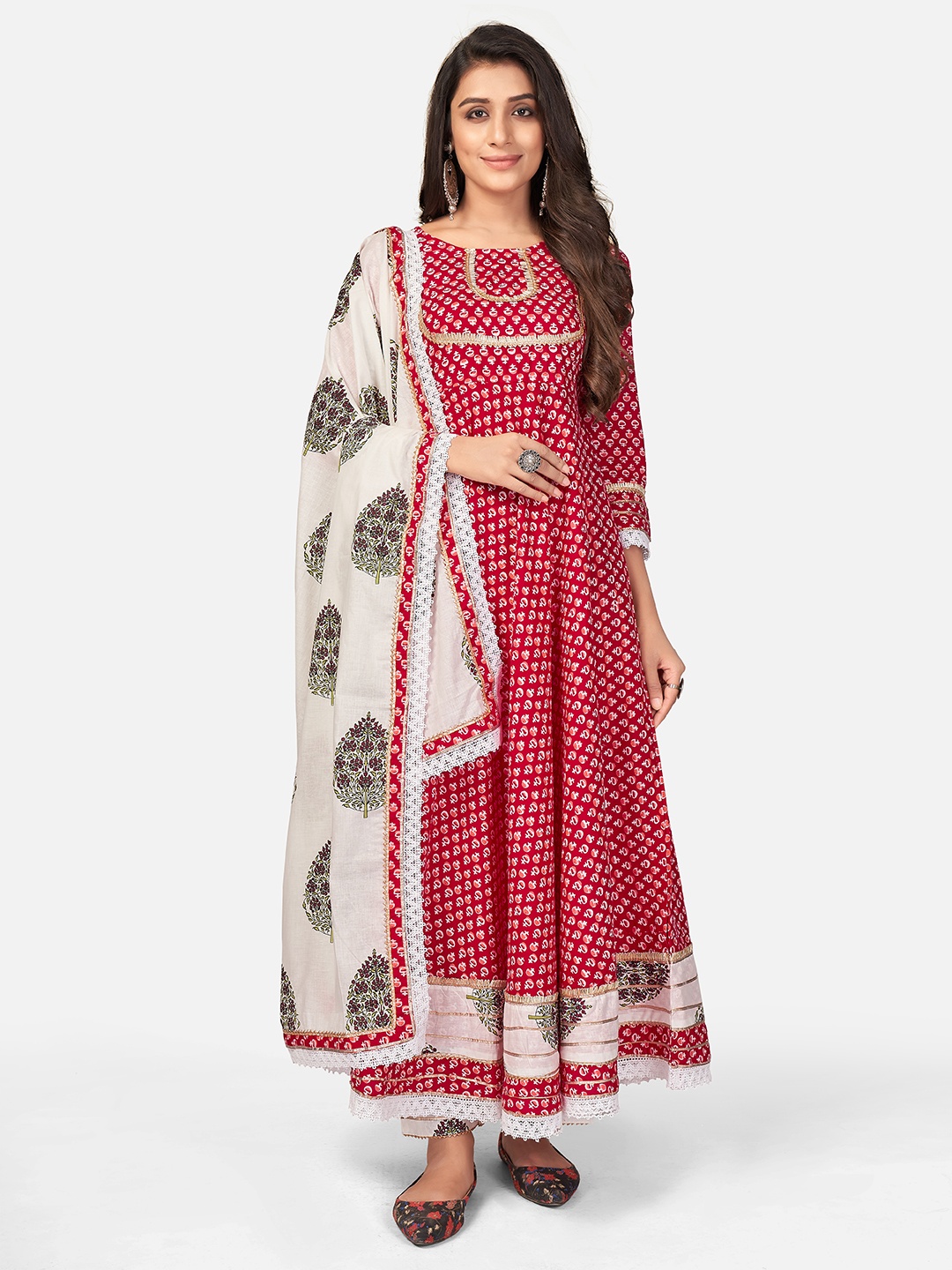 

Vbuyz Women Red Ethnic Motifs Printed Pure Cotton Kurta with Trousers & With Dupatta