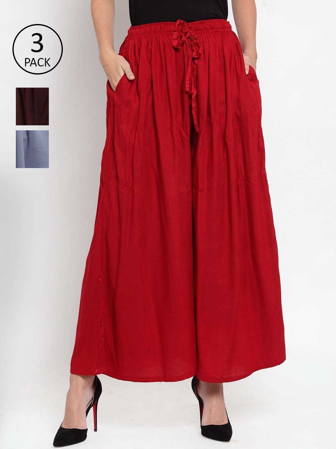 

Clora Creation Women Set of 3 Flared Ethnic Palazzos, Red