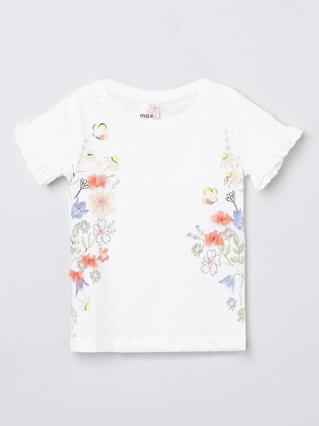 

max Girls Cream-Coloured Floral Printed V-Neck T-shirt