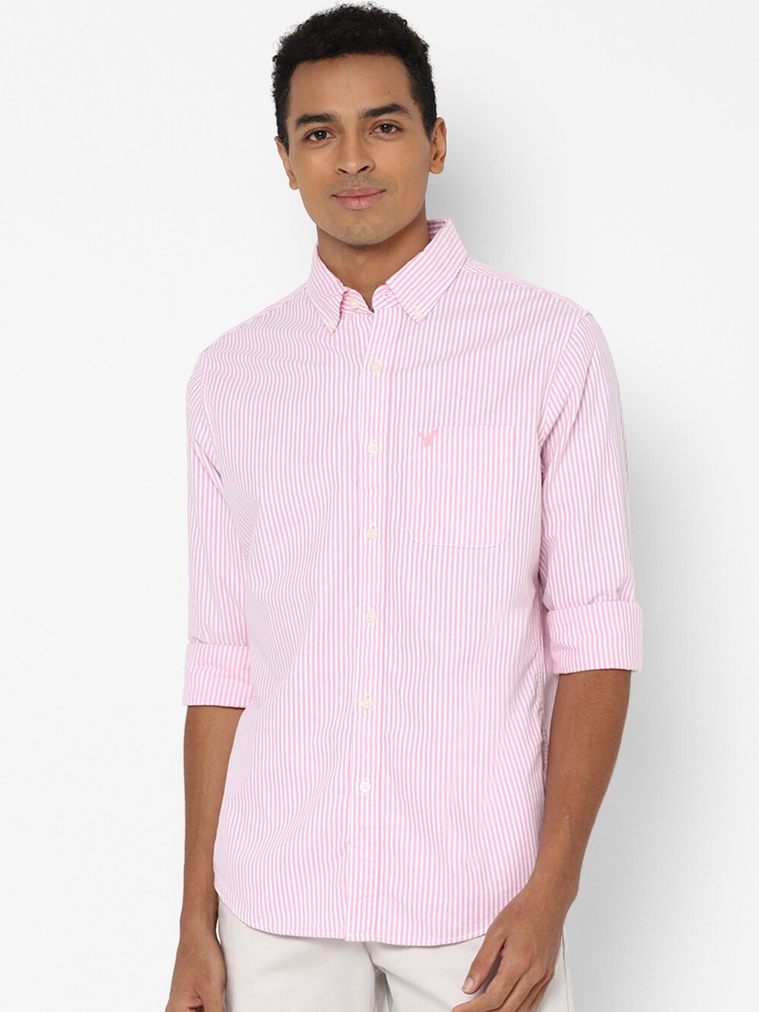 

AMERICAN EAGLE OUTFITTERS Men Pink Opaque Striped Pure Cotton Casual Shirt
