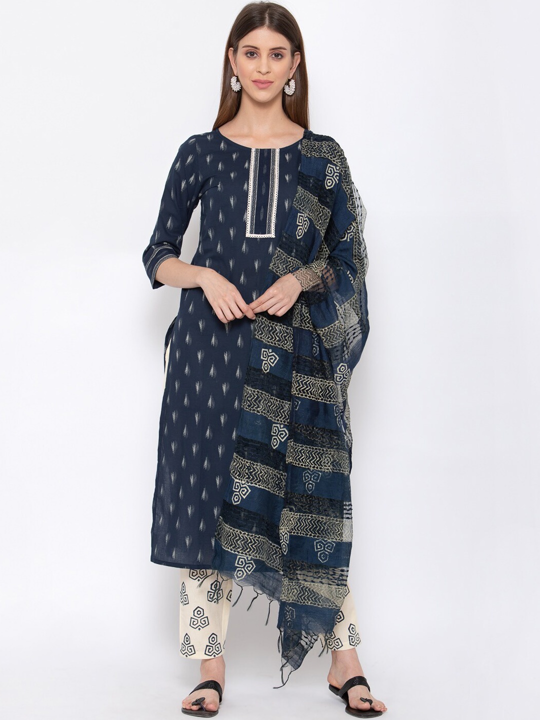 

Yuris Women Navy Blue Printed Regular Pure Cotton Kurta with Trousers & With Dupatta