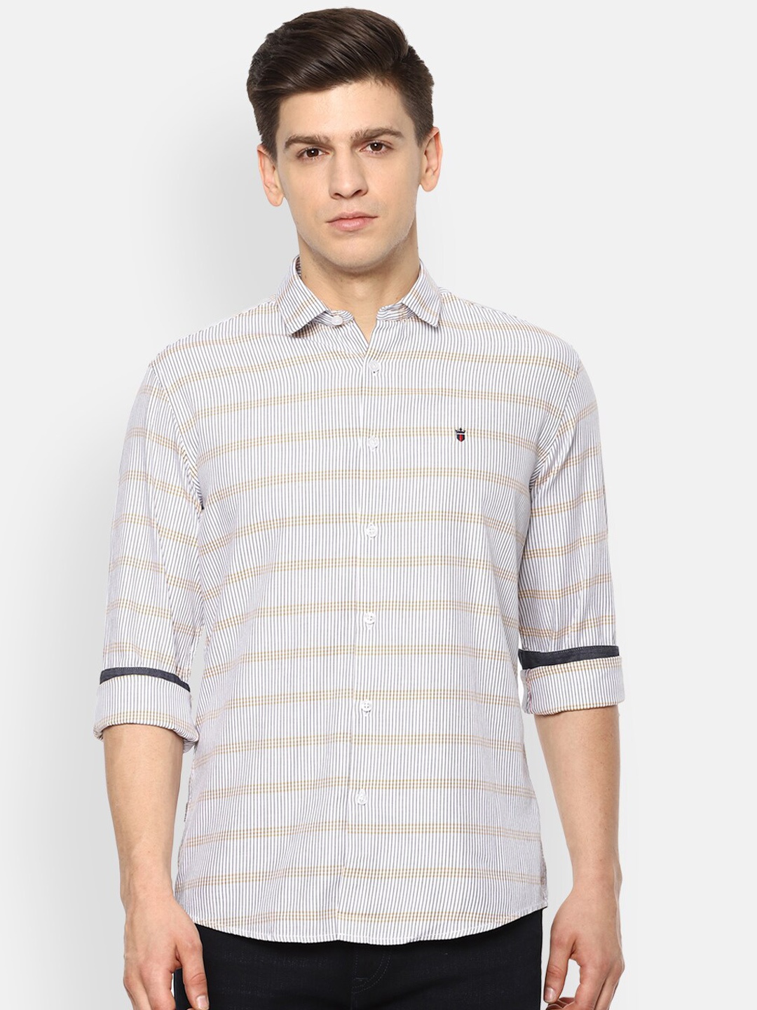 

Louis Philippe Jeans Men White & Yellow Slim Fit Opaque Striped Pure Cotton Casual Shirt