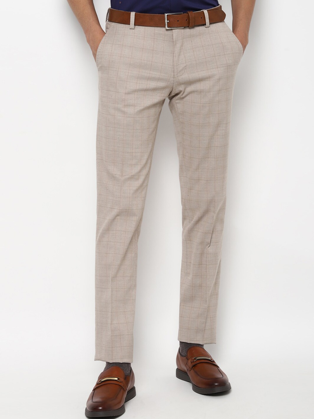 

SIMON CARTER LONDON Men Beige Checked Slim Fit Formal Trousers