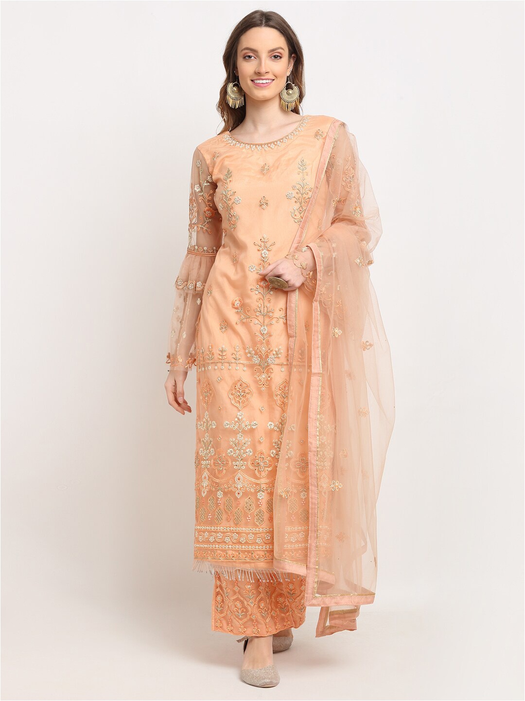 

Stylee LIFESTYLE Peach-Coloured & Gold-Toned Embellished Unstitched Dress Material