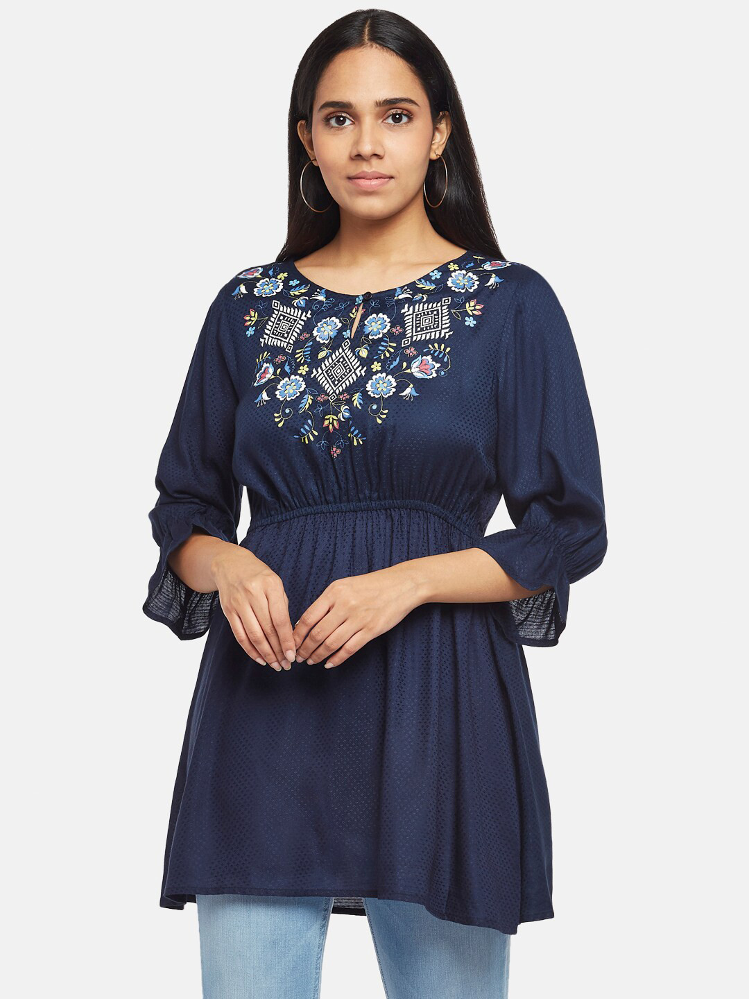 

People Blue & Yellow Viscose Rayon Embroidered Tunic