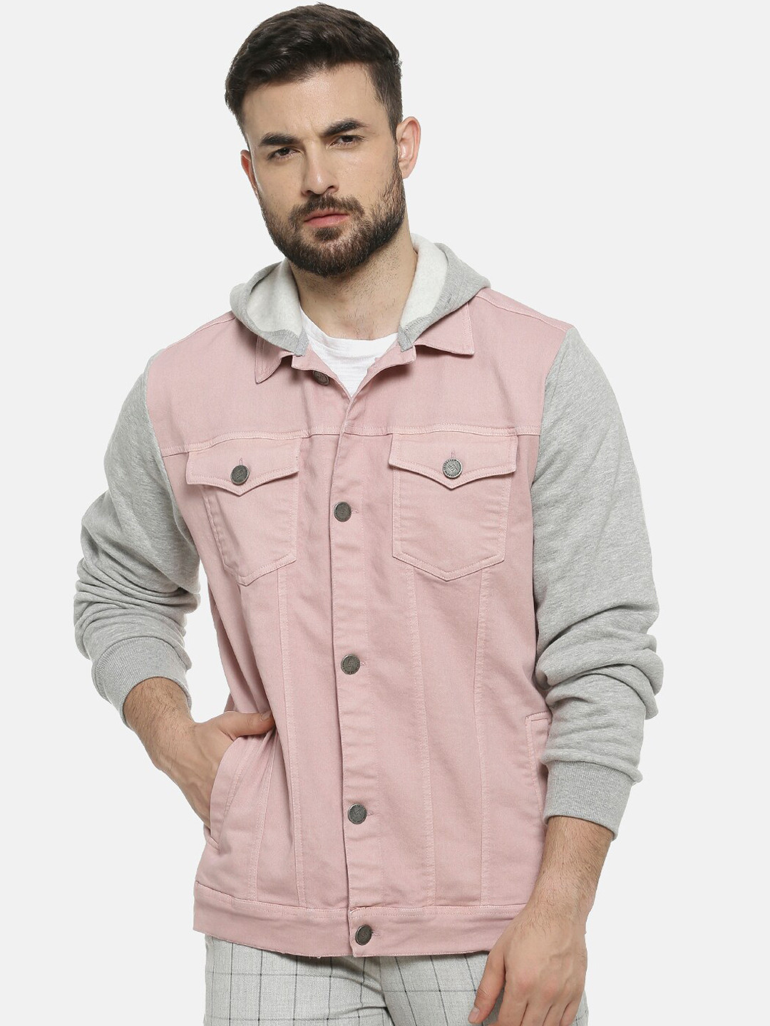 

Campus Sutra Men Pink Grey Colourblocked Windcheater Denim Jacket
