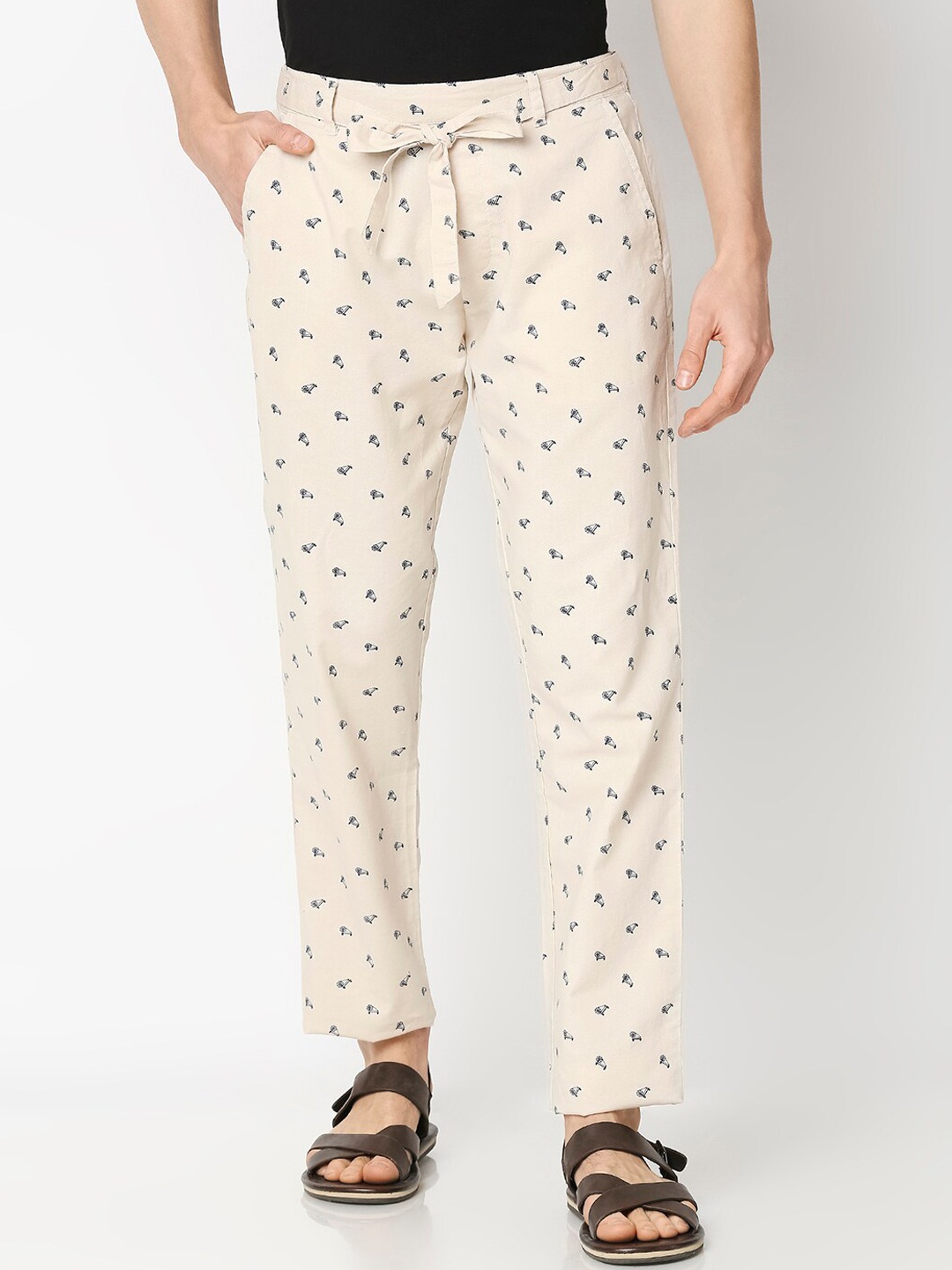 

Bewakoof Men Cream-Coloured Printed Trousers