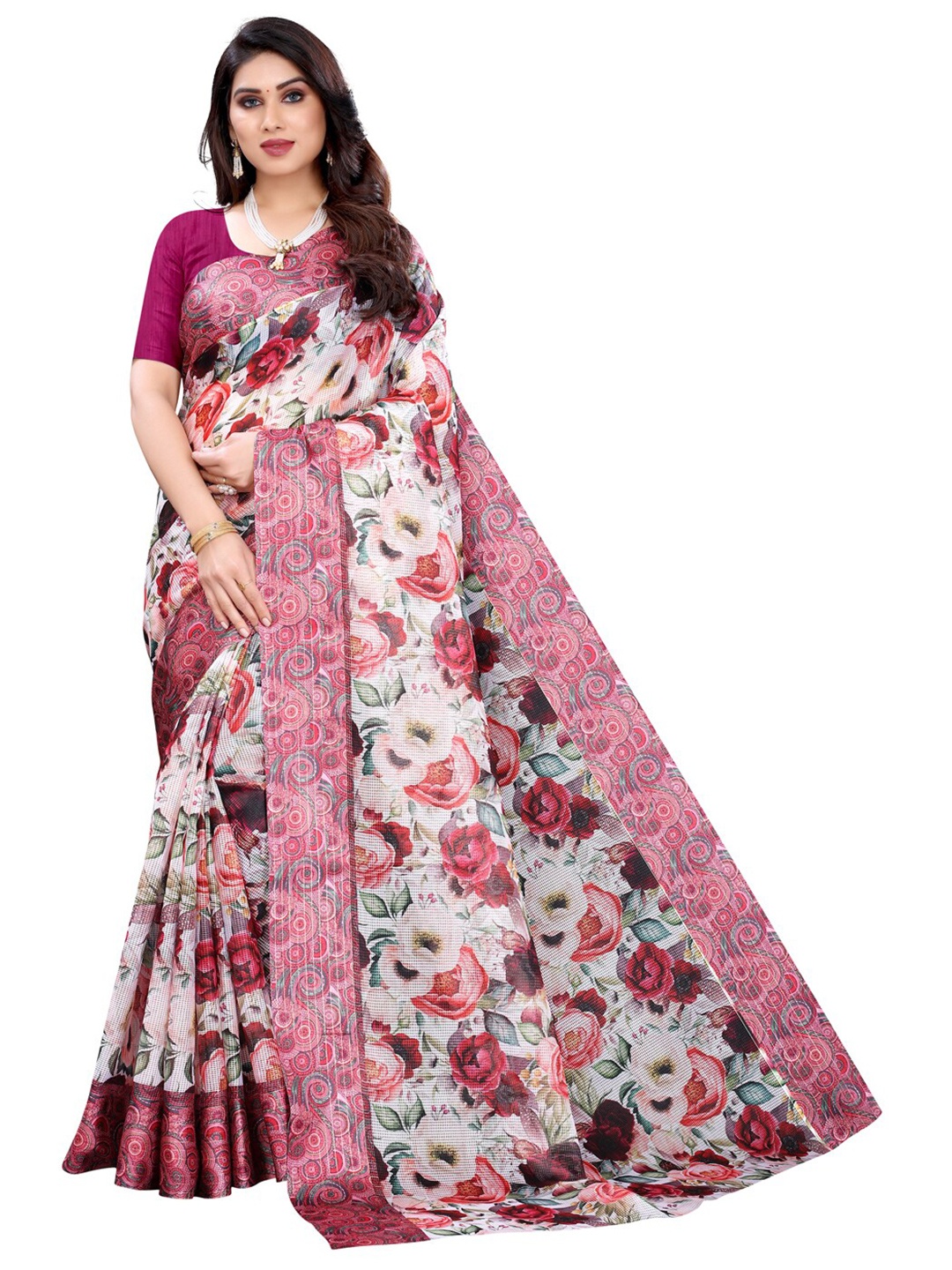 

KALINI White & Magenta Floral Saree
